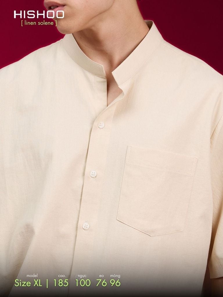 Áo Sơ Mi Kem Nam Relax Form Rộng, Cổ Tàu Vuông, Lai Ngang Linen Solene Vải Mềm Mát HISHOO A1T002