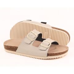 Dép đế trấu birken 2 khoá Kem Saffiano premium HISHOO B093