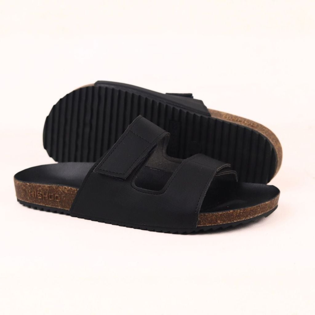 Dép đế trấu birken xé dán MẶT ĐEN da SAFFIANO Hishoo M105