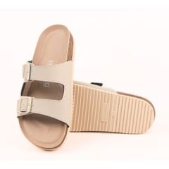 Dép đế trấu birken 2 khoá Kem Saffiano premium HISHOO B093