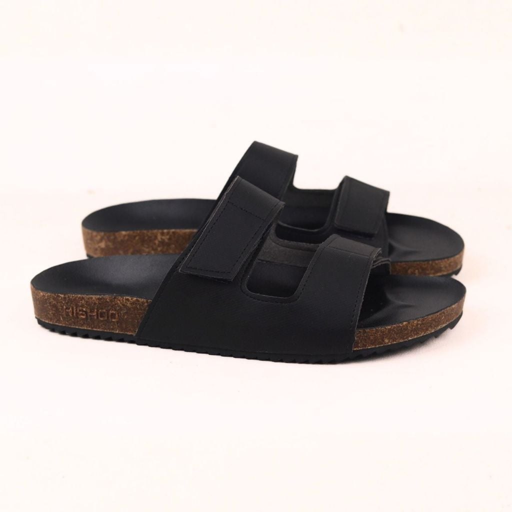 Dép đế trấu birken xé dán MẶT ĐEN da SAFFIANO Hishoo M105