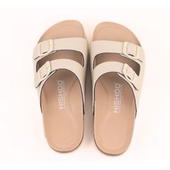 Dép đế trấu birken 2 khoá Kem Saffiano premium HISHOO B093