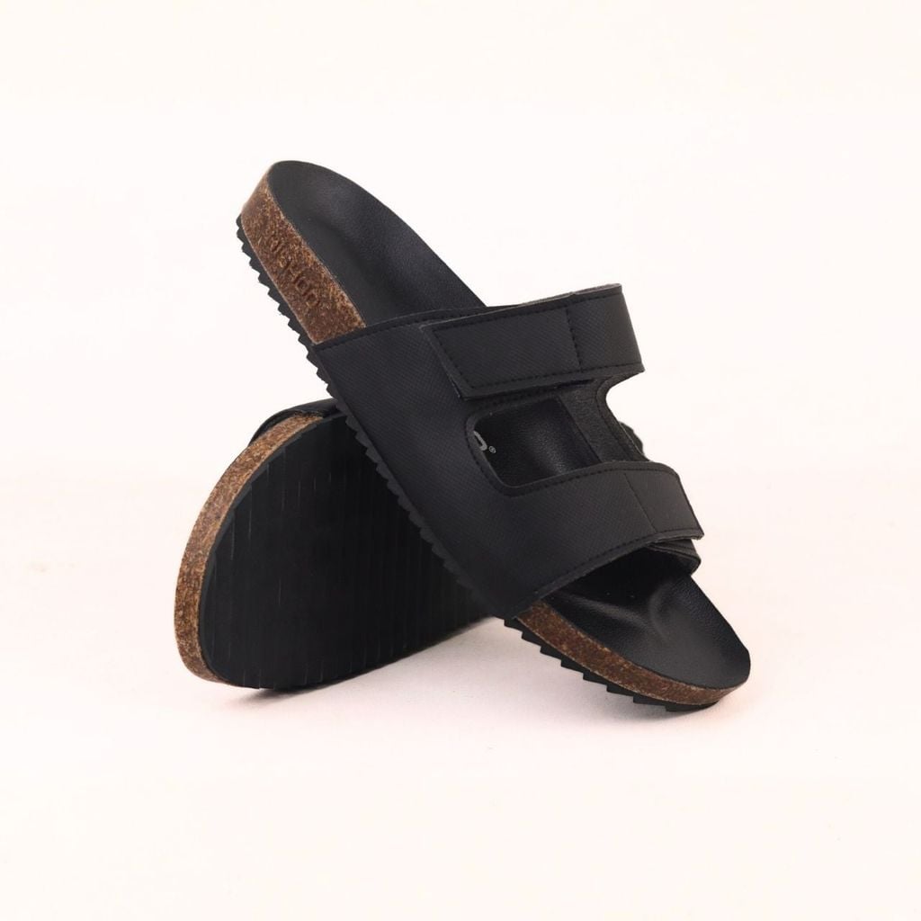 Dép đế trấu birken xé dán MẶT ĐEN da SAFFIANO Hishoo M105