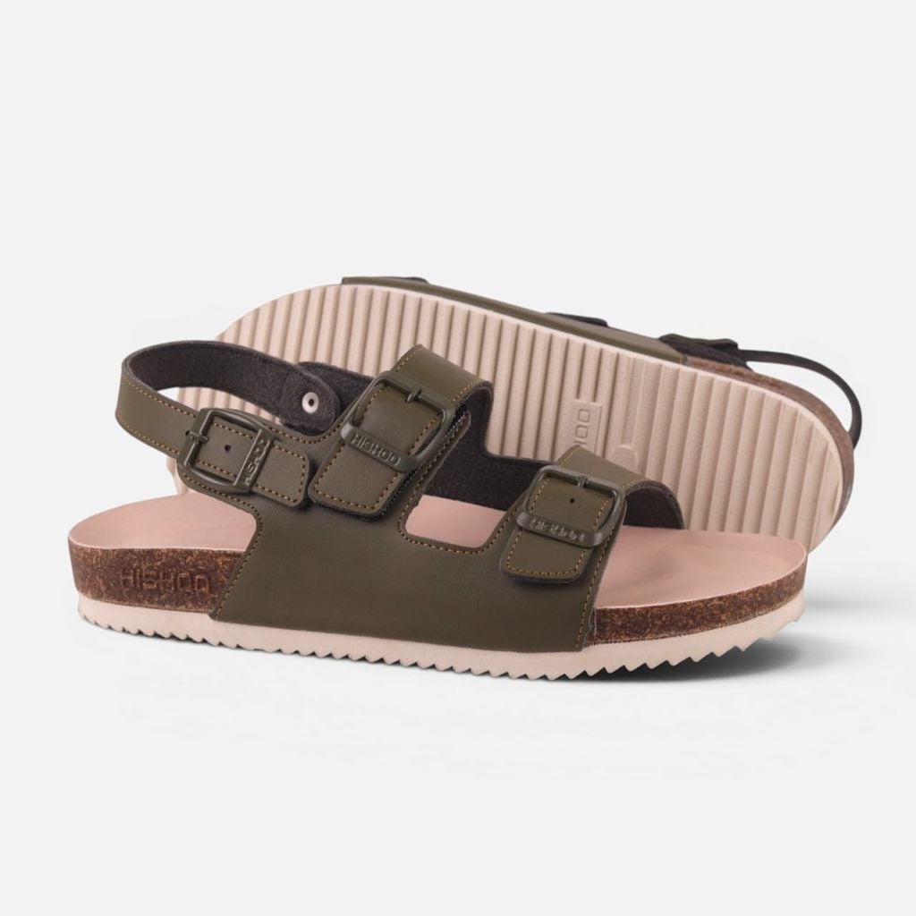 Dép đế trấu sandal birken Xanh Olive quai ngang 2 khoá premium HISHOO B102