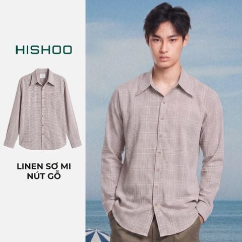 Áo Sơ Mi Caro Sọc Nâu Nút Gỗ Tay Dài Nam Relax Form Rộng, Cổ Thường, Lai Ngang Linen Solene Vải Mềm Mát HISHOO A2T003