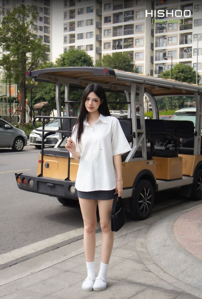 Áo Sơ Mi Nữ Relax Form Rộng, Cổ Thường, Lai Ngang Linen Solene Vải Mềm Mát HISHOO A1G003