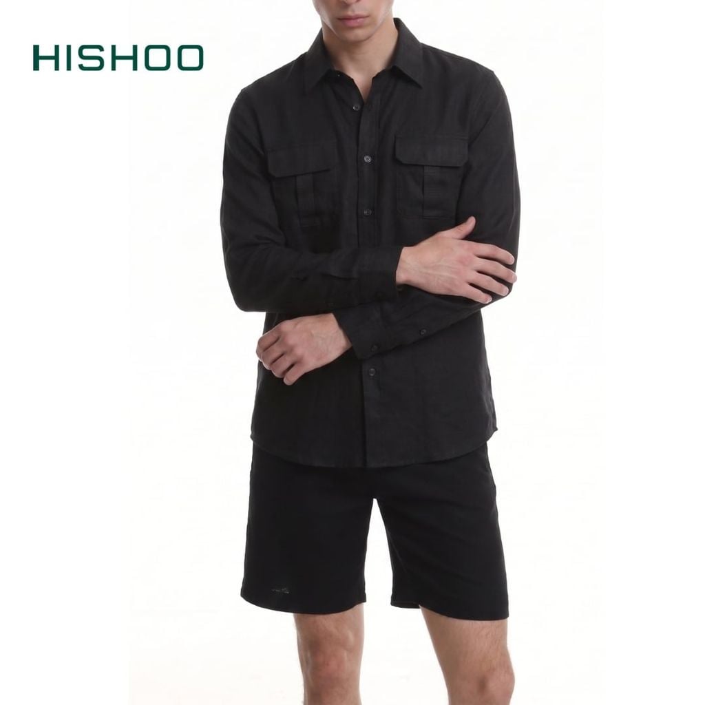 Áo Sơ Mi Nam 2 Túi Tay Dài  Relax Form Rộng, Cổ Thường, Lai Ngang Linen Solene Vải Mềm Mát HISHOO A2T005