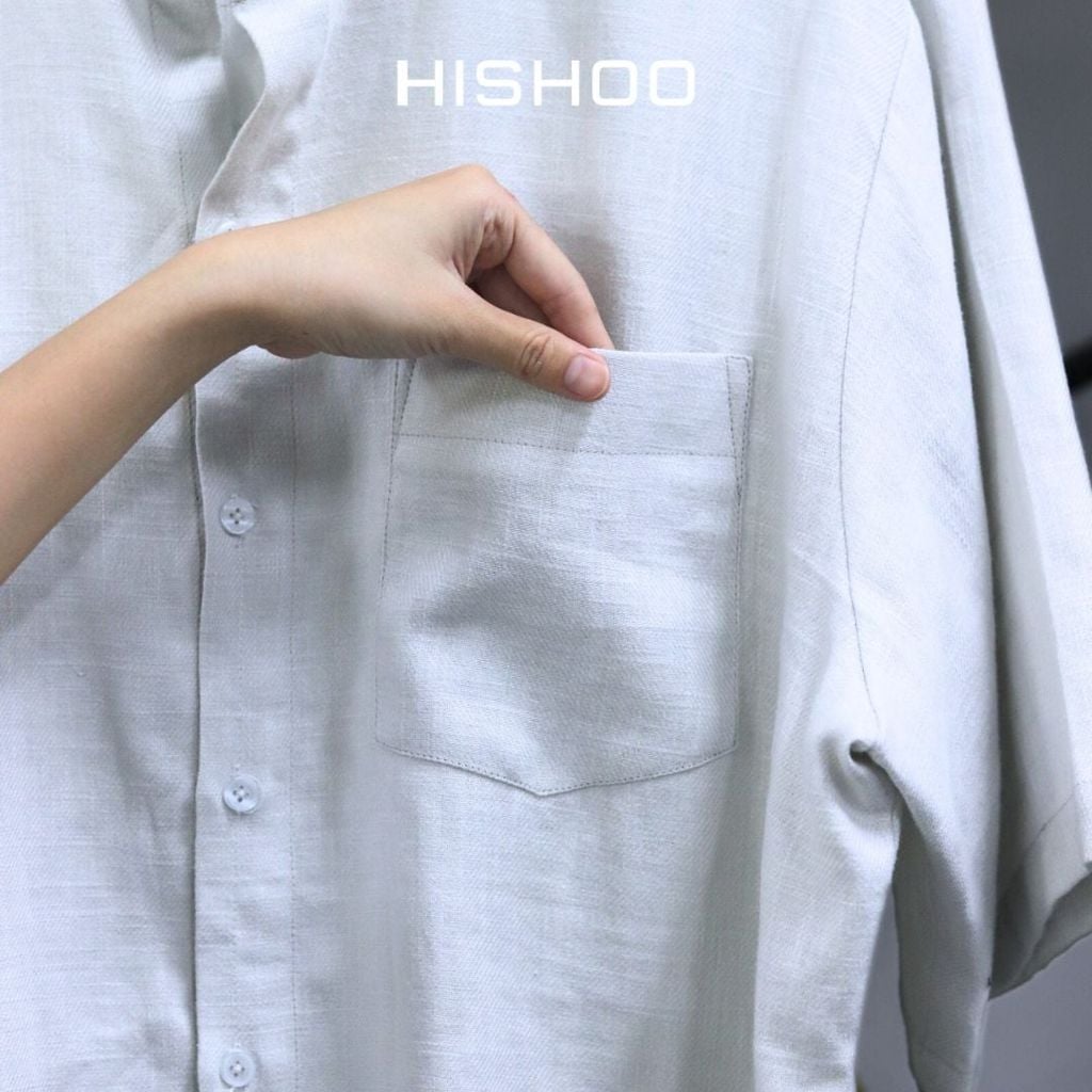 Áo Sơ Mi Nam Xám Tro Relax Form Rộng, Cổ Tàu Vuông, Lai Ngang Linen Solene Vải Mềm Mát HISHOO A1T002