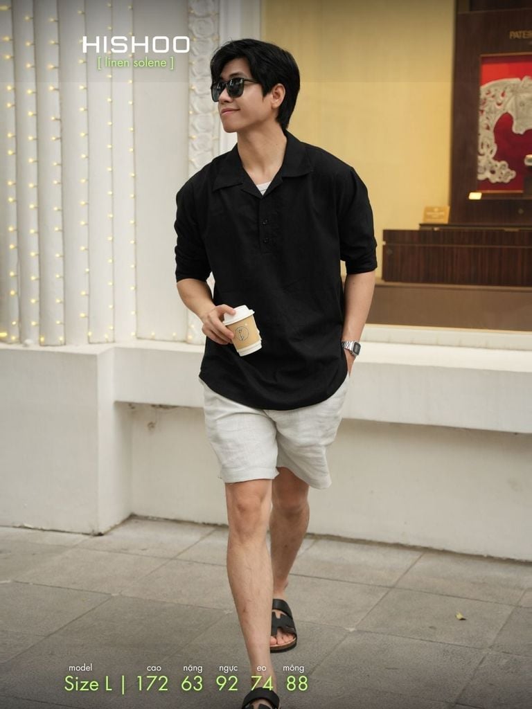 Áo Sơ Mi Nam Tay Dài Relax Form Rộng, Cổ Polo Danton, Xẻ V Linen Solene Vải Mềm Mát HISHOO A3T004