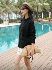 Áo Sơ Mi Nữ Nút Gỗ Tay Dài Relax Form Rộng, Cổ Polo Tàu Vuông, Xẻ V Linen Solene Vải Mềm Mát HISHOO A3G002