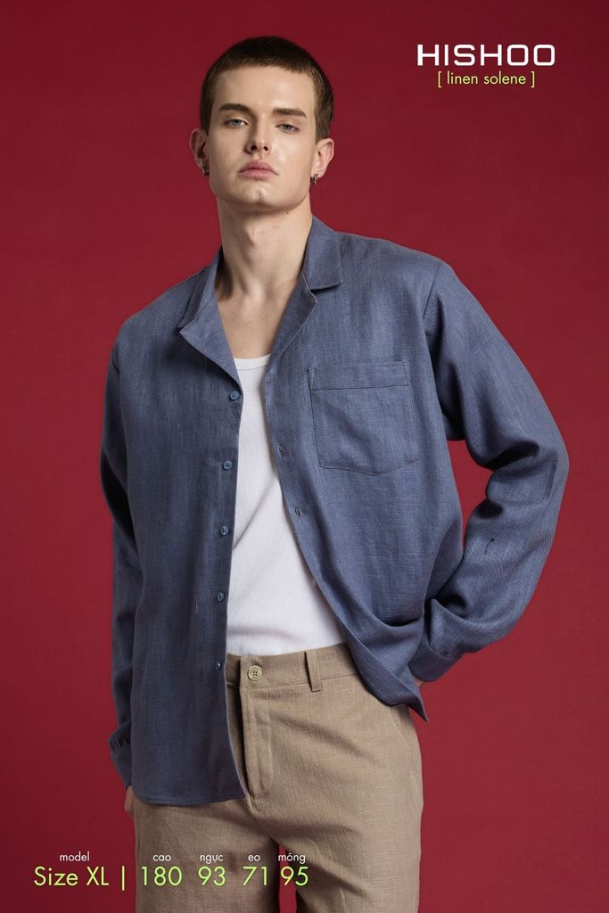 Áo Sơ Mi Nam Tay Dài Relax Form Rộng, Cổ Danton, Lai Ngang Linen Solene Vải Mềm Mát HISHOO A2T004