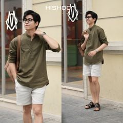 Áo Sơ Mi Nam Tay Dài Relax Form Rộng, Cổ Polo Tàu Vuông, Xẻ V Linen Solene Vải Mềm Mát HISHOO A3T002