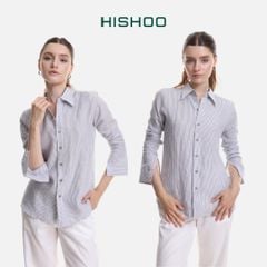 Áo Sơ Mi Sọc Nút Gỗ Tay Dài Nữ Relax Form Rộng, Cổ Thường, Lai Ngang Linen Solene Vải Mềm Mát HISHOO A2G003