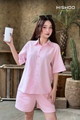 Áo Sơ Mi Nữ Hồng Relax Form Rộng, Cổ Thường, Lai Ngang Linen Solene Vải Mềm Mát HISHOO A1G003