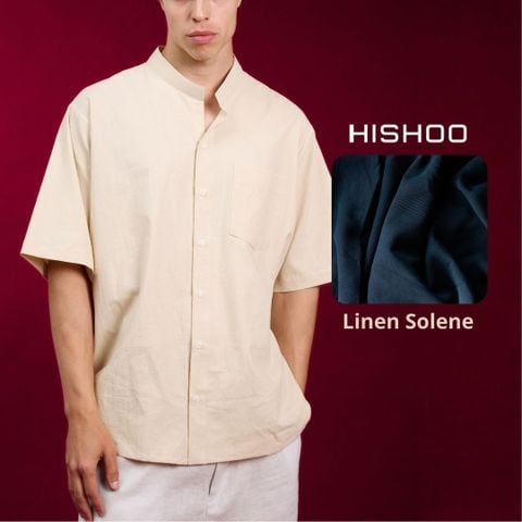Áo Sơ Mi Kem Nam Relax Form Rộng, Cổ Tàu Vuông, Lai Ngang Linen Solene Vải Mềm Mát HISHOO A1T002