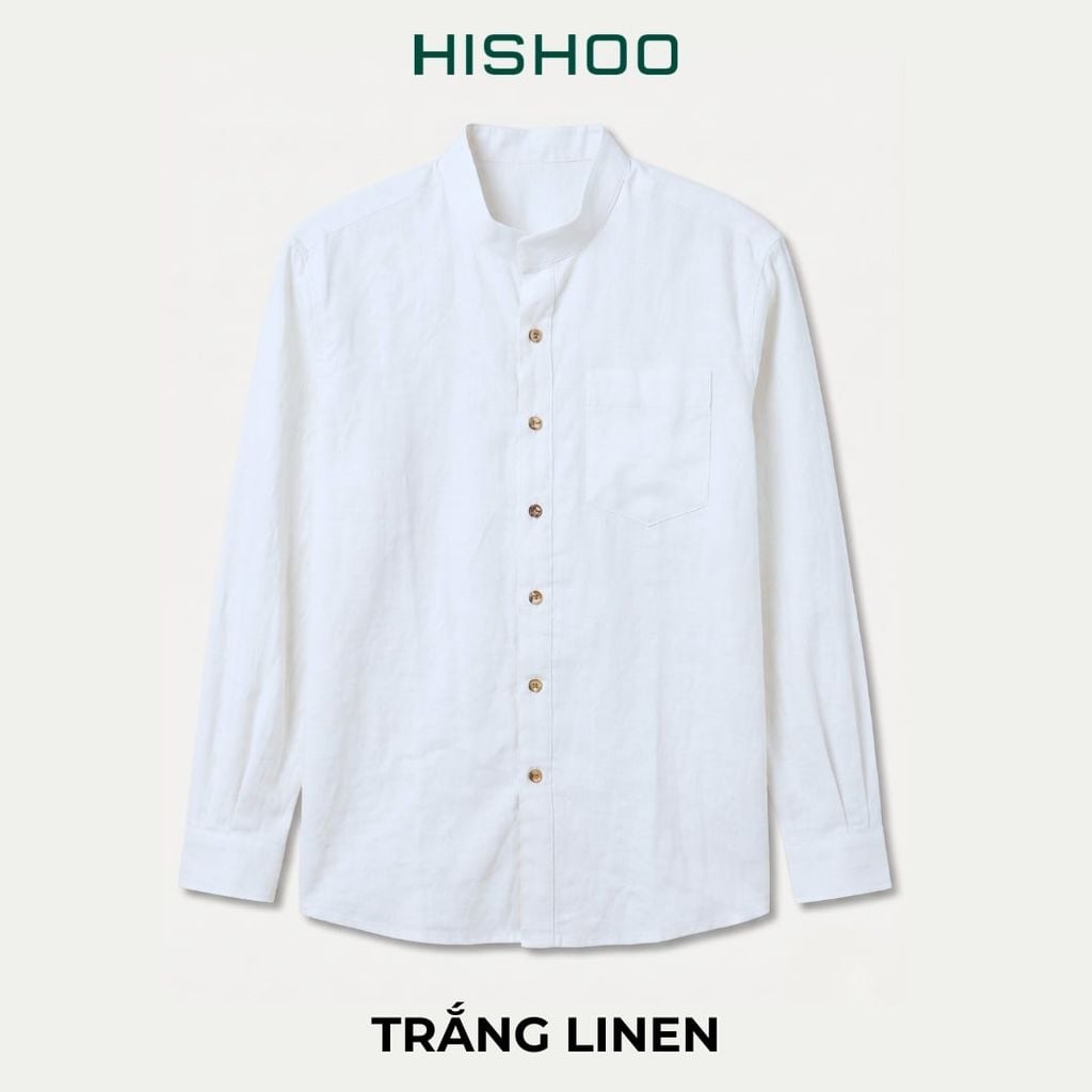 Áo Sơ Mi Nam Nút Gỗ Tay Dài Relax Form Rộng, Cổ Tàu Vuông, Lai Ngang Linen Solene Vải Mềm Mát HISHOO A2T002