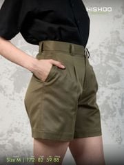 Quần kaki Rêu nữ lưng cao xếp li Hishoo short suông basic mặc đi chơi, đi làm HISHOO Q2G001