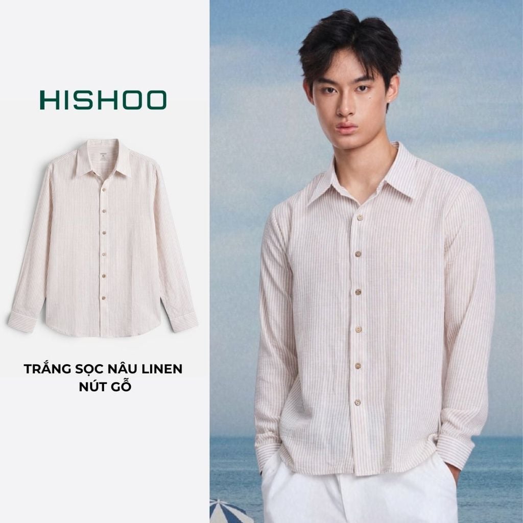 Áo Sơ Mi Trắng Sọc Nâu Nút Gỗ Tay Dài Nam Relax Form Rộng, Cổ Thường, Lai Ngang Linen Solene Vải Mềm Mát HISHOO A2T003