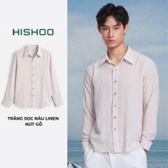 Áo Sơ Mi Trắng Sọc Nâu Nút Gỗ Tay Dài Nam Relax Form Rộng, Cổ Thường, Lai Ngang Linen Solene Vải Mềm Mát HISHOO A2T003