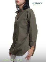 Áo Sơ Mi Nữ Tay Dài Relax Form Rộng, Cổ Polo Tàu Vuông, Xẻ V Linen Solene Vải Mềm Mát HISHOO A3G002