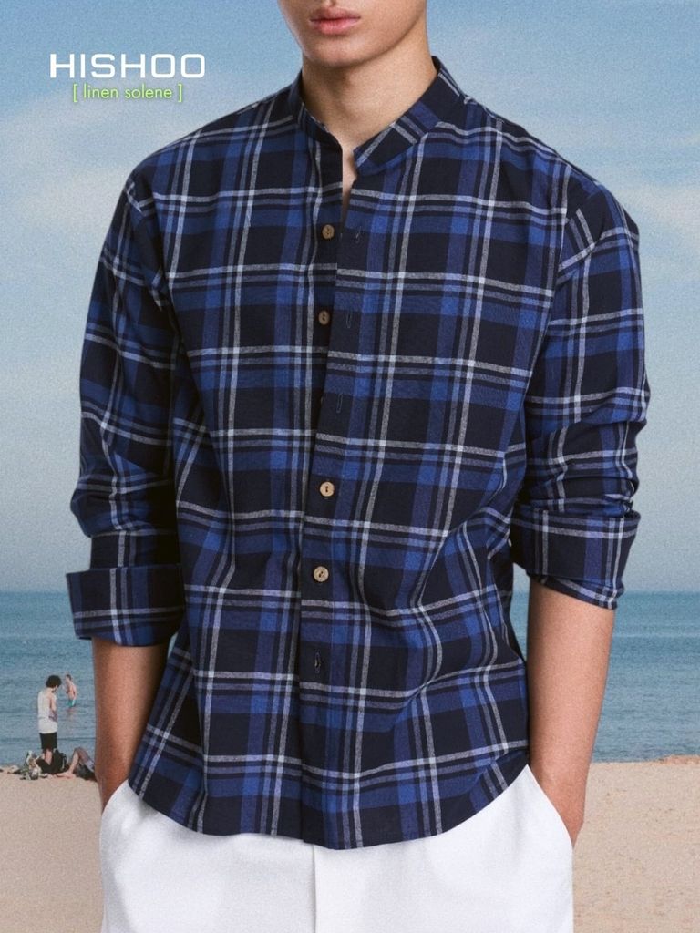 Áo Sơ Mi Caro Nút Gỗ Tay Dài Nam Relax Form Rộng, Cổ Tàu Vuông, Lai Ngang Linen Solene Vải Mềm Mát HISHOO A2T002