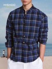Áo Sơ Mi Caro Nút Gỗ Tay Dài Nam Relax Form Rộng, Cổ Tàu Vuông, Lai Ngang Linen Solene Vải Mềm Mát HISHOO A2T002