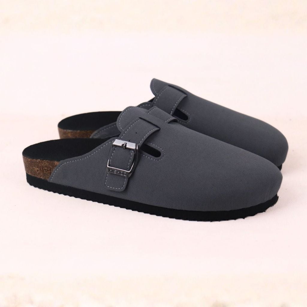 Dép đế trấu sục Boston Xám/ Kem/Bò quai ngang da lộn HISHOO R109