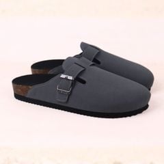 Dép đế trấu sục Boston Xám/ Kem/Bò quai ngang da lộn HISHOO R109