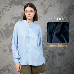 Áo Sơ Mi Tay Dài Nữ Xanh Nhạt Relax Form Rộng, Cổ Tàu Vuông, Lai Ngang Linen Solene Vải Mềm Mát HISHOO A2G002