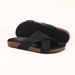 Dép đế trấu birken quai chéo MẶT ĐEN da SAFFIANO Hishoo M096