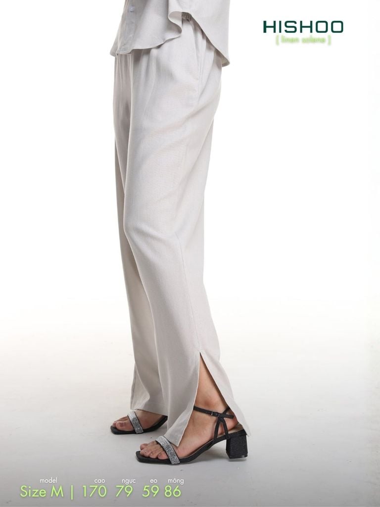Quần dài Linen Nữ Lưng Thun, Xẻ Tà Hishoo basic mặc đi chơi, đi làm HISHOO Q3G001