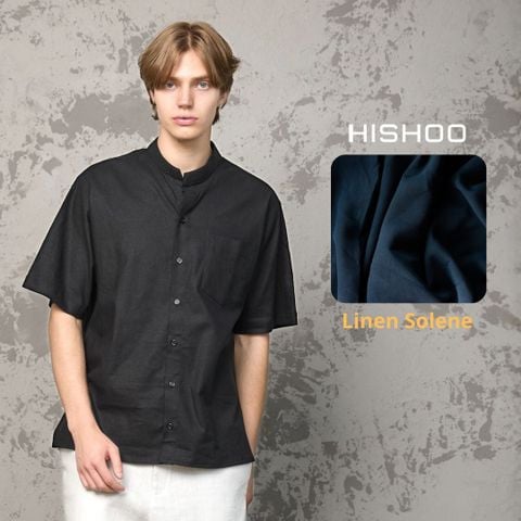 Áo Sơ Mi Nam Đen Relax Form Rộng, Cổ Tàu Vuông, Lai Ngang Linen Solene Vải Mềm Mát HISHOO A1T002