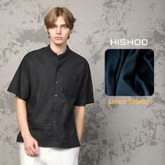 Áo Sơ Mi Nam Đen Relax Form Rộng, Cổ Tàu Vuông, Lai Ngang Linen Solene Vải Mềm Mát HISHOO A1T002
