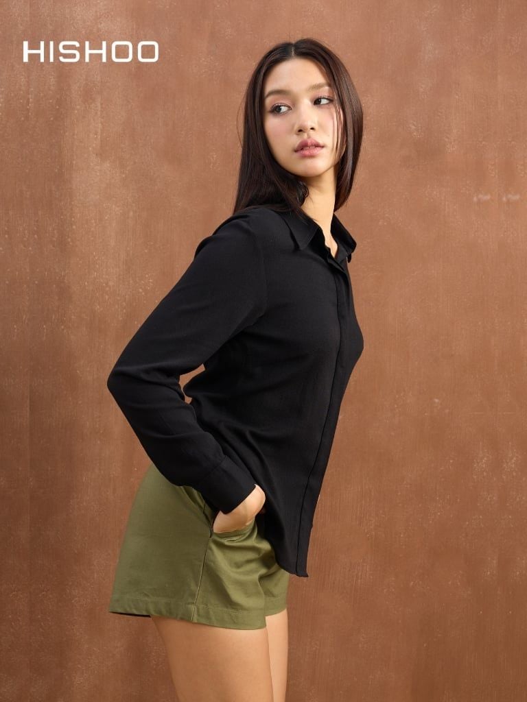 Quần kaki nữ lưng cao Hishoo short suông basic mặc đi chơi, đi làm HISHOO QG001