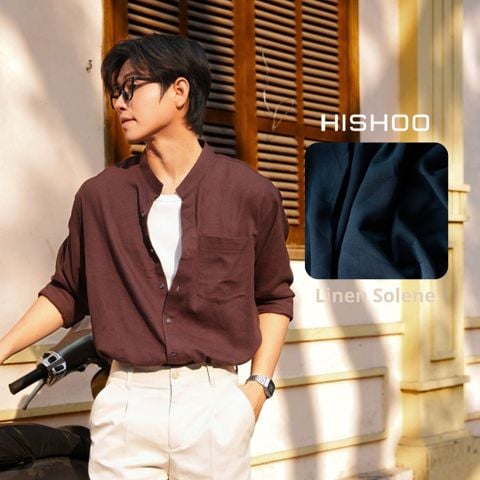 Áo Sơ Mi Nam Nâu Walnut Tay Dài Relax Form Rộng, Cổ Tàu Vuông, Lai Ngang Linen Solene Vải Mềm Mát HISHOO A2T002