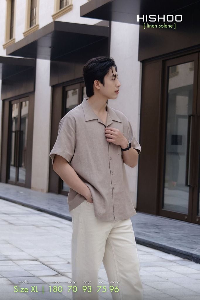 Áo Sơ Mi Nam Relax Form Rộng, Cổ Danton, Lai Ngang Linen Solene Vải Mềm Mát HISHOO A1T004
