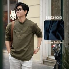 Áo Sơ Mi Nam Rêu Tay Dài Relax Form Rộng, Cổ Polo Tàu Vuông, Xẻ V Linen Solene Vải Mềm Mát HISHOO A3T002