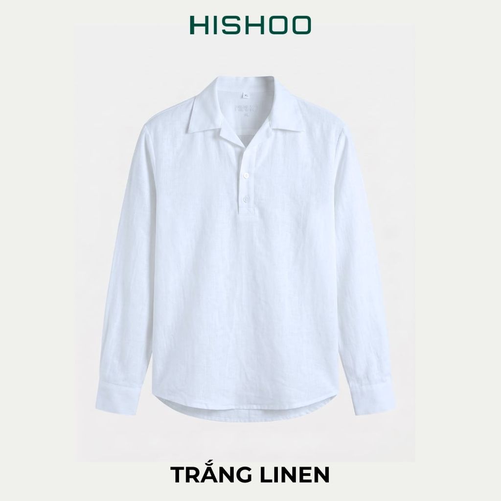 Áo Sơ Mi Nam Tay Dài Relax Form Rộng, Cổ Polo Danton, Xẻ V Linen Solene Vải Mềm Mát HISHOO A3T004