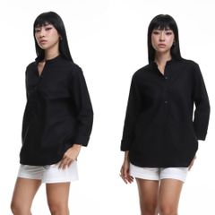 Áo Sơ Mi Nữ Tay Dài Relax Form Rộng, Cổ Polo Tàu Vuông, Xẻ V Linen Solene Vải Mềm Mát HISHOO A3G002