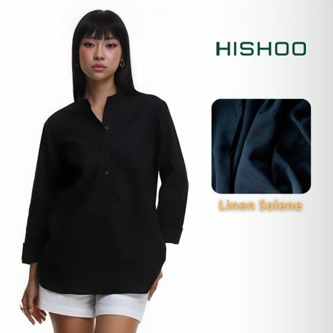 Áo Sơ Mi Đen Nữ Tay Dài Relax Form Rộng, Cổ Polo Tàu Vuông, Xẻ V Linen Solene Vải Mềm Mát HISHOO A3G002