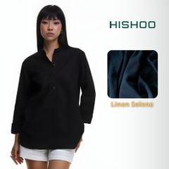 Áo Sơ Mi Đen Nữ Tay Dài Relax Form Rộng, Cổ Polo Tàu Vuông, Xẻ V Linen Solene Vải Mềm Mát HISHOO A3G002