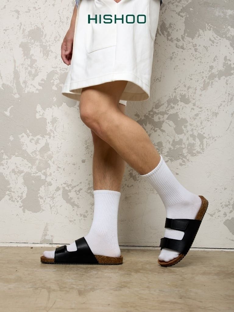 Dép đế trấu birken quai ngang xé dán da bò HISHOO M105