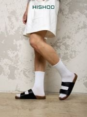 Dép đế trấu birken quai ngang xé dán da bò HISHOO M105