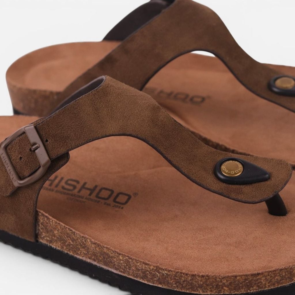Dép đế trấu birken quai ngang xỏ ngón da lộn premium HISHOO H116