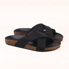 Dép đế trấu birken quai chéo MẶT ĐEN da SAFFIANO Hishoo M096