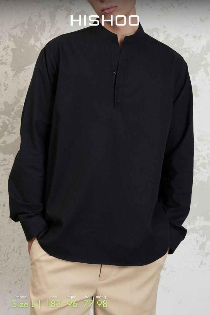 Áo Sơ Mi Nam Tay Dài Relax Form Rộng, Cổ Polo Tàu Vuông, Xẻ V Linen Solene Vải Mềm Mát HISHOO A3T002