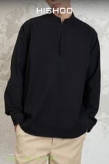 Áo Sơ Mi Nam Tay Dài Relax Form Rộng, Cổ Polo Tàu Vuông, Xẻ V Linen Solene Vải Mềm Mát HISHOO A3T002