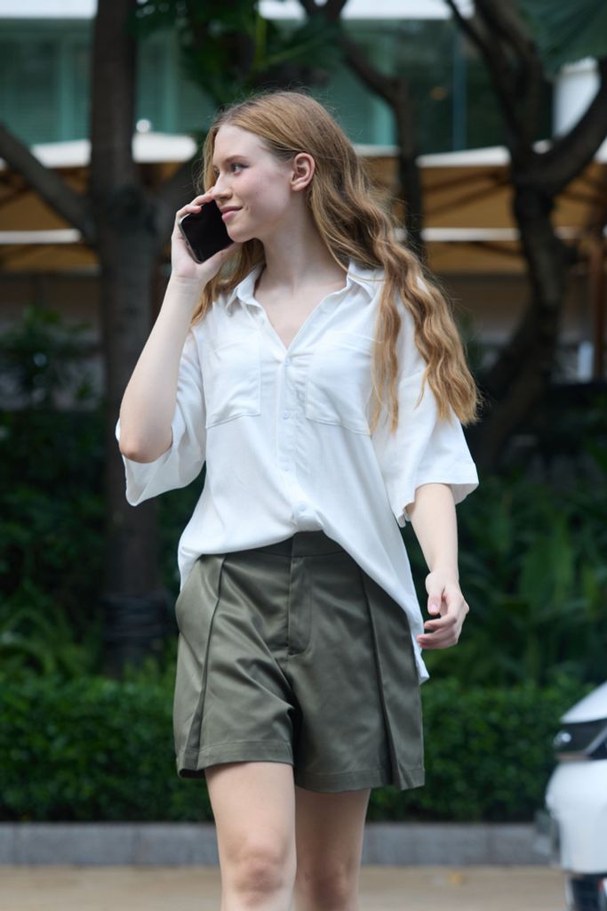 Quần kaki nữ lưng cao xếp ki Hishoo short suông basic mặc đi chơi, đi làm HISHOO QG002