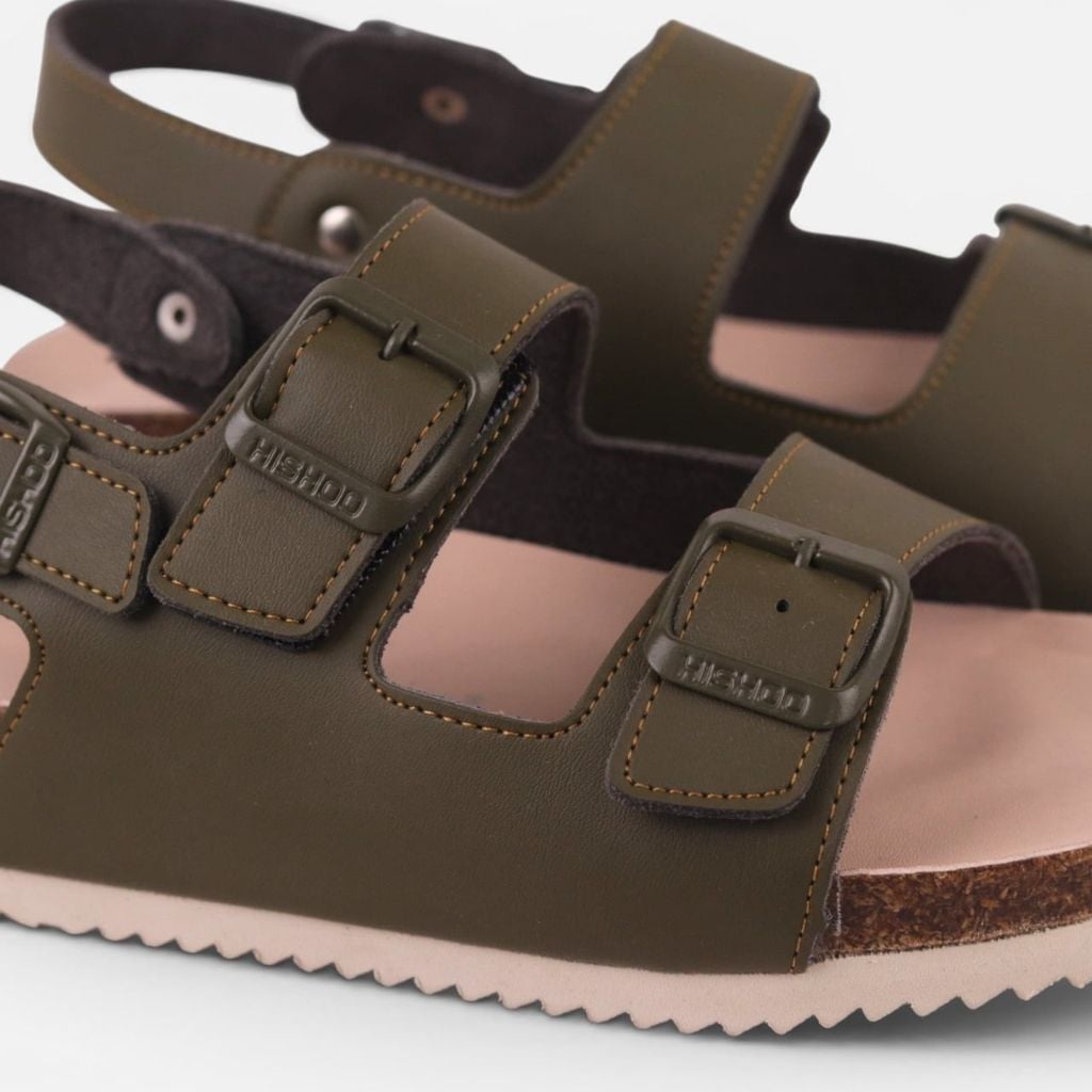 Dép đế trấu sandal birken Xanh Olive quai ngang 2 khoá premium HISHOO B102