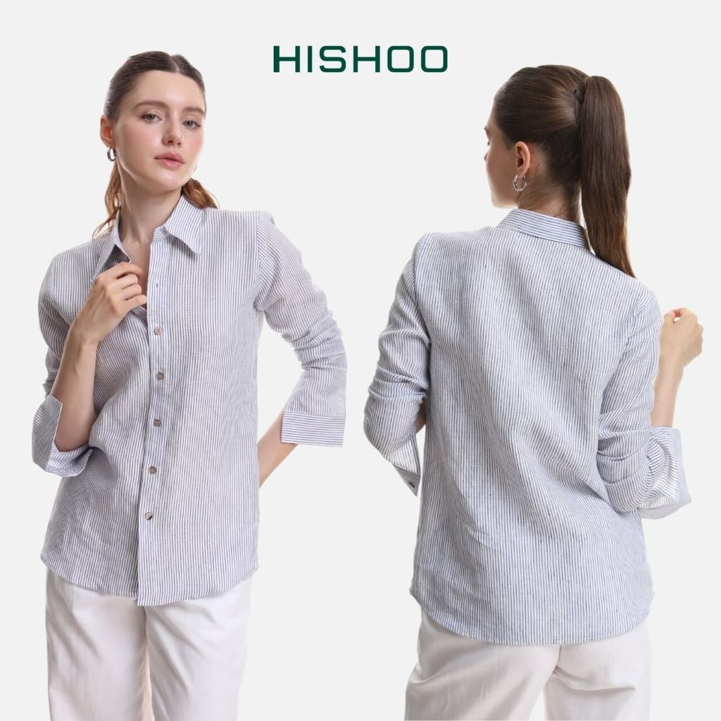 Áo Sơ Mi Sọc Nút Gỗ Tay Dài Nữ Relax Form Rộng, Cổ Thường, Lai Ngang Linen Solene Vải Mềm Mát HISHOO A2G003